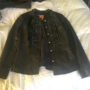 Tory Burch Soft Black Leather Jacket with Ruffle